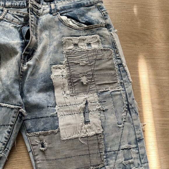 Waimea- Blue Wash Tile Patch Stacked Fit Denim - Picture 4 of 6